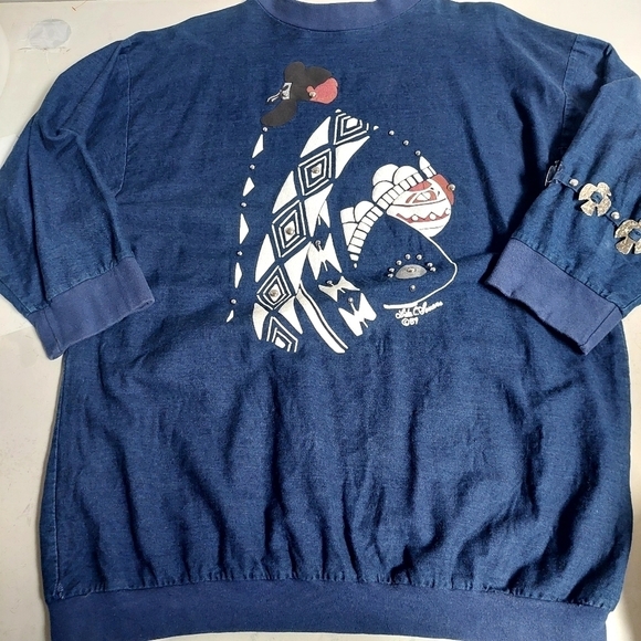 Lida Blue Chambray Top Shirt Southwestern‎ Art Vintage 80s Embelished Size L - Picture 9 of 13